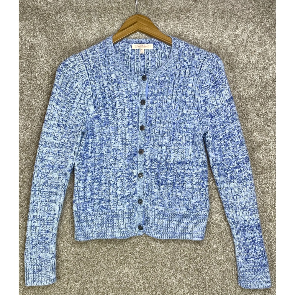 Brooks Brothers Cable Knit Cardigan Sweater Womens M Blue White Button Up Layer